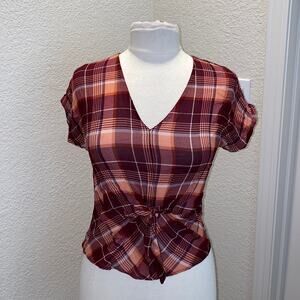 Lucky Brand V-neck Sheer Plaid Tie Front T-shirt Burgundy & Pink Sz XS
